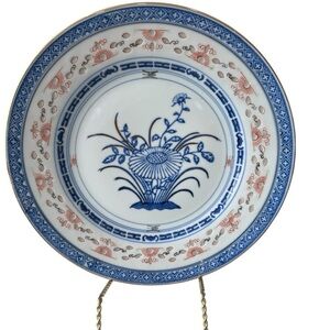 Tienshan Rice Flower Blue White 10 in embossed trim Dinner plate Rice Grain